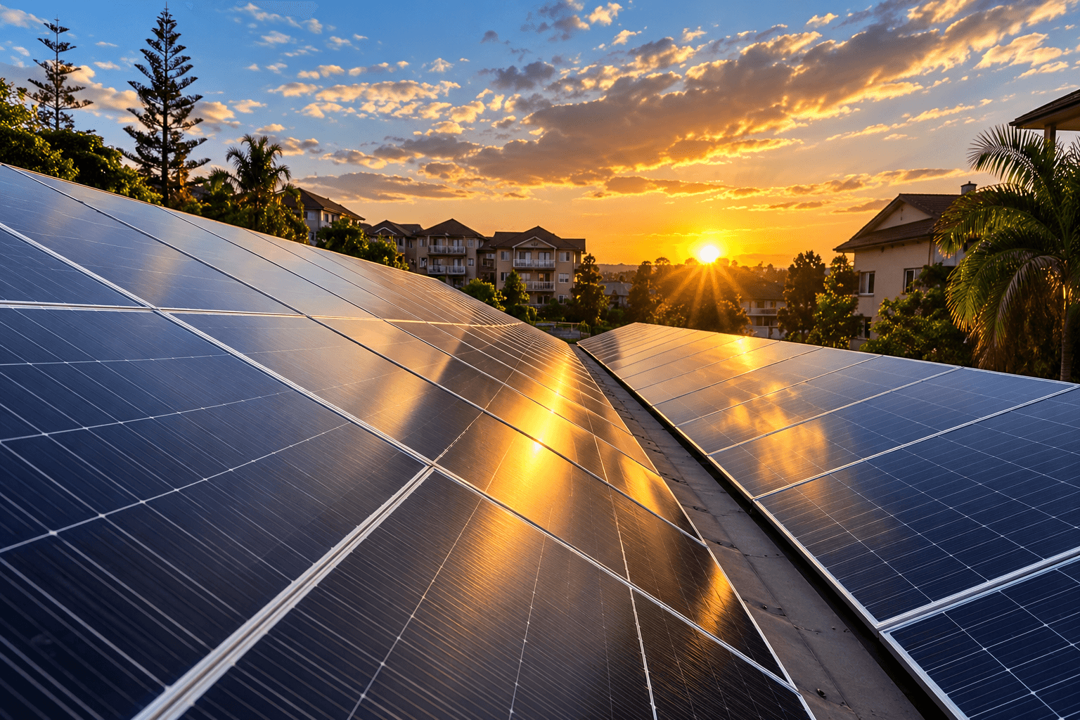 Solar panels reflecting sunset